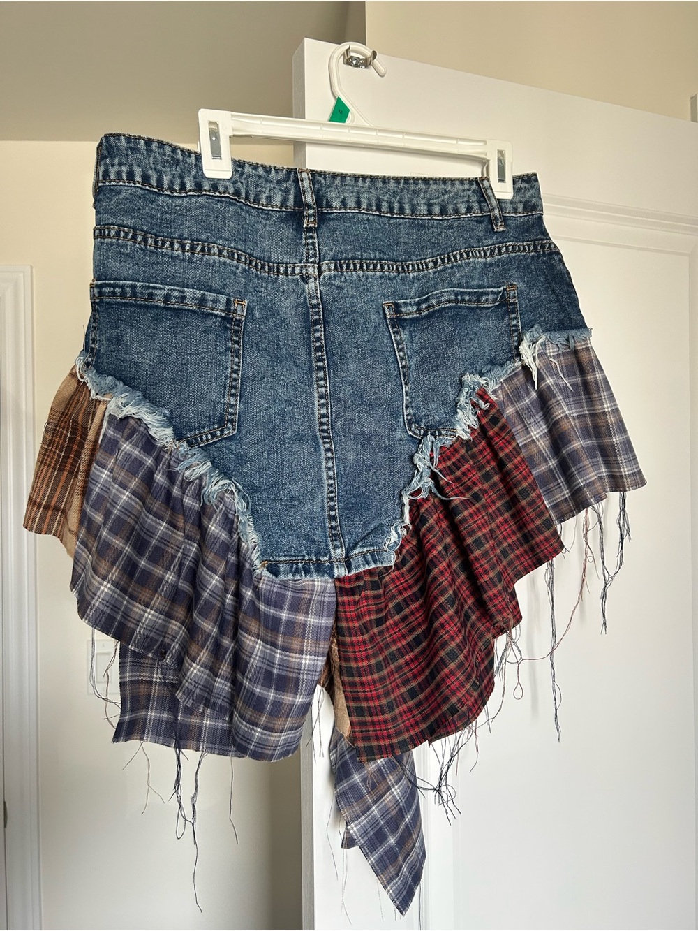 SHEIN Denim Mini Skirt with Plaid Patchwork Ruffles - Blue, Red, Brown
